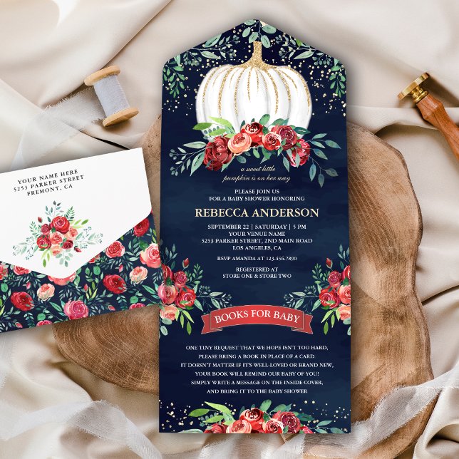 Navy Blue Burgundy Floral Pumpkin Baby Shower All In One Invitation (Creator Uploaded)