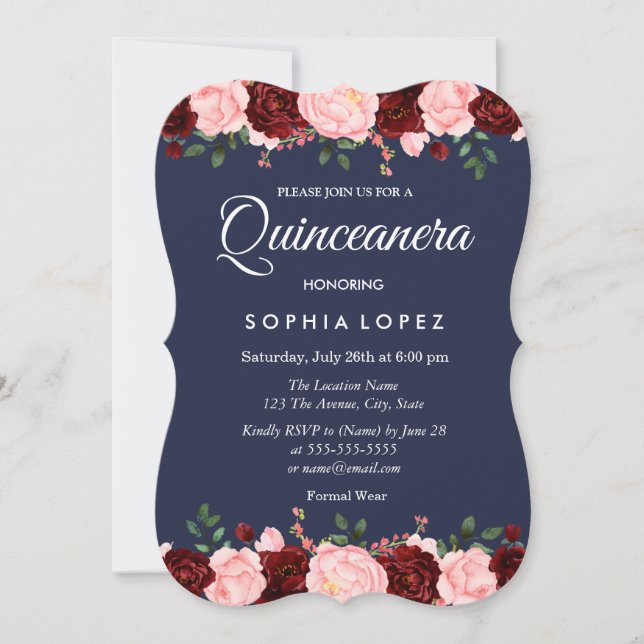 Navy Blue Burgundy Floral Quinceanera Invitation (Front)
