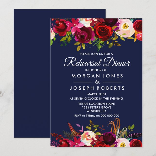 Navy Blue Burgundy Floral Rehearsal Dinner Invite (Front/Back)