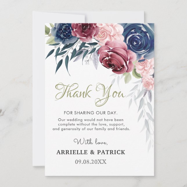 Navy Blue Burgundy Floral Rose Blush Pink Wedding Thank You Card (Front)