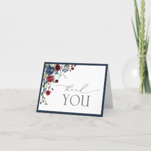 Navy Blue Burgundy Floral Script Thank You Card