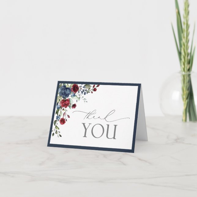 Navy Blue Burgundy Floral Script Thank You Card (Front)