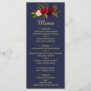Navy Blue Burgundy Floral Script Wedding Menu