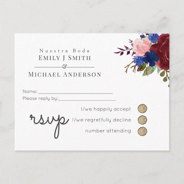 Navy Blue Burgundy Floral Spanish Boda RSVP Invitation Postcard (Front)