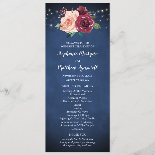 Navy Blue Burgundy Floral String Lights Wedding Programme (Front)