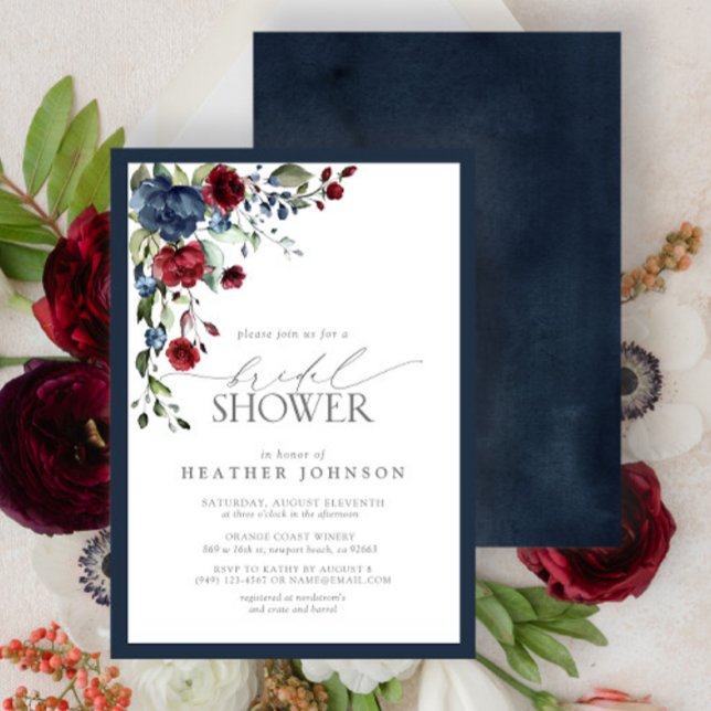 Navy Blue Burgundy Floral Watercolor Bridal Shower Invitation (Creator Uploaded)
