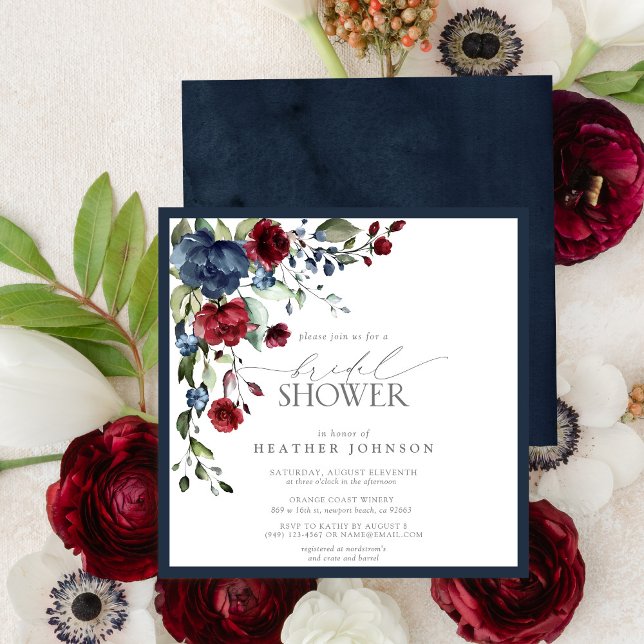 Navy Blue Burgundy Floral Watercolor Bridal Shower Invitation (Creator Uploaded)