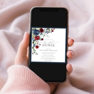 Navy Blue Burgundy Floral Watercolor Bridal Shower Invitation