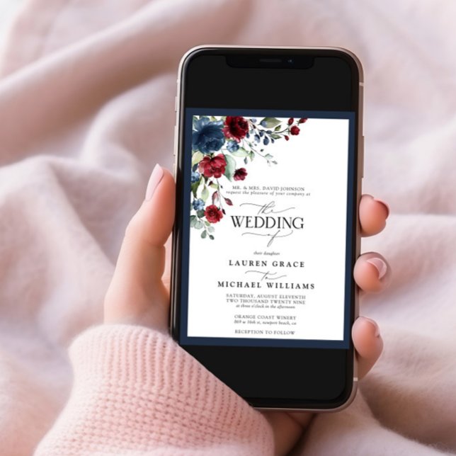 Navy Blue Burgundy Floral Watercolor Script Invita Invitation (Creator Uploaded)