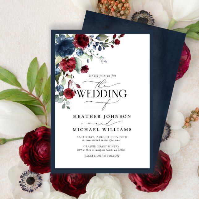 Navy Blue Burgundy Floral Watercolor Script Invitation (Creator Uploaded)