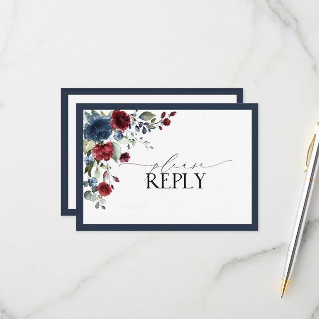 Navy Blue Burgundy Floral Watercolor Script RSVP Card (Front/Back In Situ)