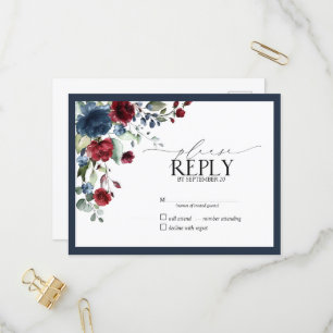 Navy Blue Burgundy Floral Watercolor Script RSVP Invitation Postcard