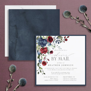 Navy Blue Burgundy Floral Watercolor Shower Mail Invitation