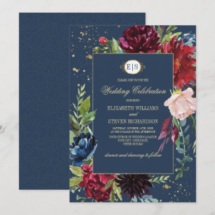Navy Blue   Burgundy Floral Watercolor Wedding Invitation