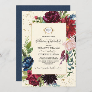 Navy Blue   Burgundy Floral Watercolor Wedding Invitation