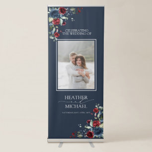 Navy Blue Burgundy Floral Watercolor Wedding Retractable Banner