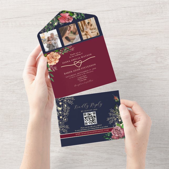 Navy Blue Burgundy Floral Wedding All In One Invitation (Tearaway)
