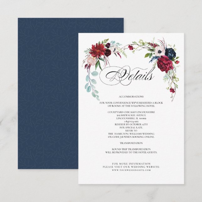 Navy Blue | Burgundy Floral Wedding Detail Cards (Front/Back)
