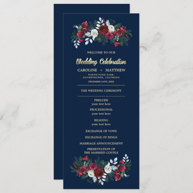 Navy Blue Burgundy Floral Wedding Flat Programs Programme (Front/Back)