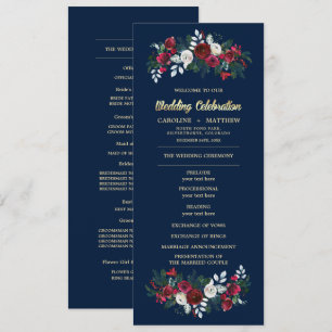 Navy Blue Burgundy Floral Wedding Flat Programs Programme