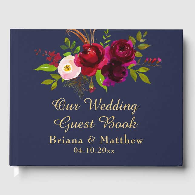 Navy Blue Burgundy Floral Wedding Guest Book (Front)