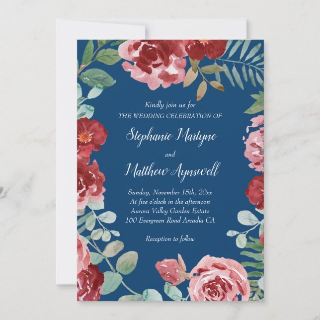 Navy Blue Burgundy Floral Wedding Invitation (Front)