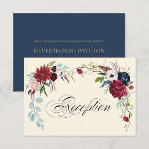Navy Blue Burgundy Floral Wedding Reception Card