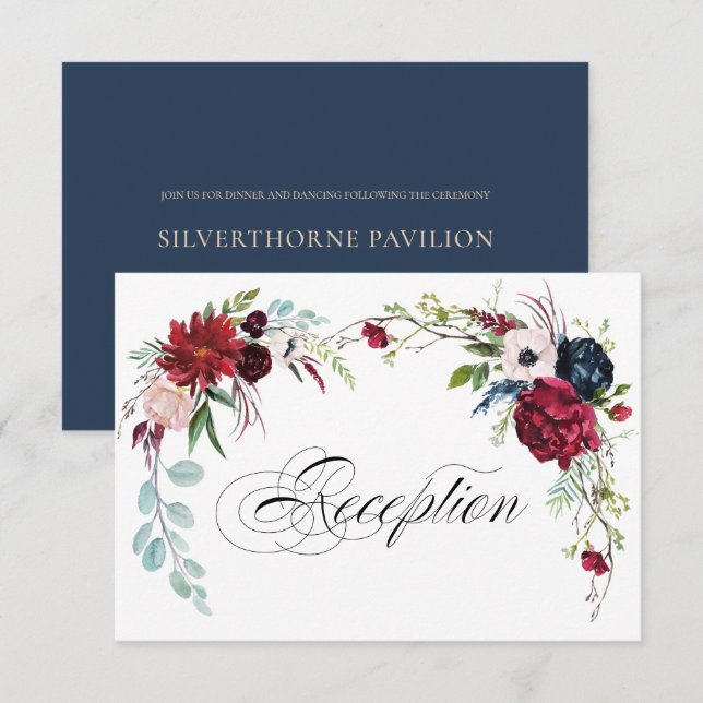 Navy Blue | Burgundy Floral Wedding Reception Invitation (Front/Back)