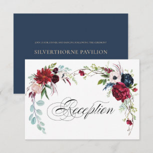 Navy Blue Burgundy Floral Wedding Reception Invitation