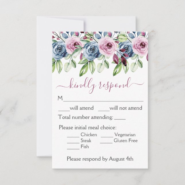Navy Blue Burgundy Floral Wedding RSVP Card (Front)