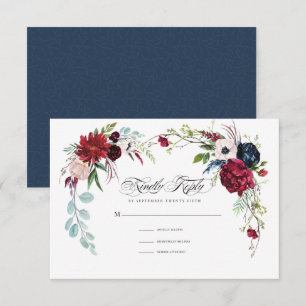 Navy Blue Burgundy Floral Wedding RSVP Card