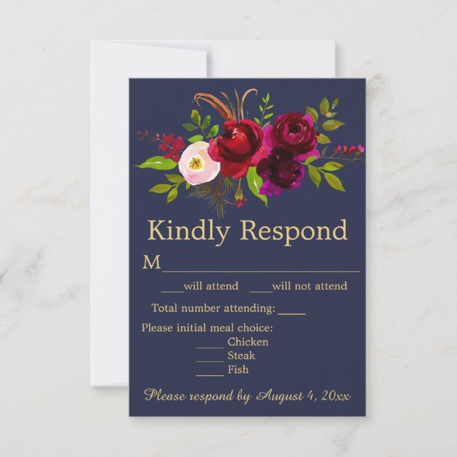 Navy Blue Burgundy Floral Wedding RSVP Card (Front)