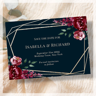 Navy Blue   Burgundy Floral Wedding Save The Date