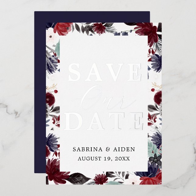Navy Blue Burgundy Floral Wedding Save The Date (Front/Back)