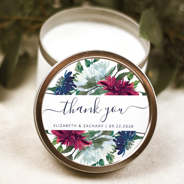 Navy Blue Burgundy Floral Wedding Thank You Classic Round Sticker (Creator Uploaded)