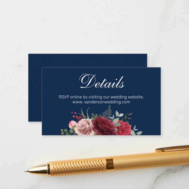 Navy Blue Burgundy Floral Wedding Website Details  Enclosure Card (Front/Back In Situ)