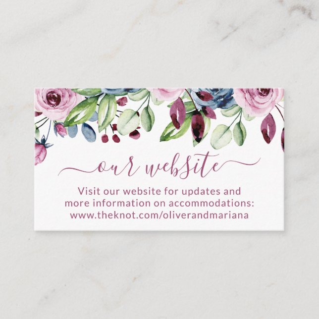 Navy Blue Burgundy Floral Wedding Website Enclosure Card (Front)