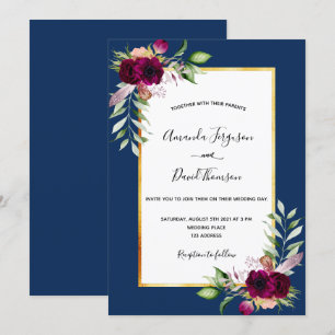 Navy blue burgundy florals gold boho wedding invitation