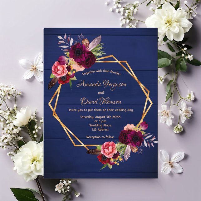 Navy blue burgundy florals wedding invitation postcard (Creator Uploaded)