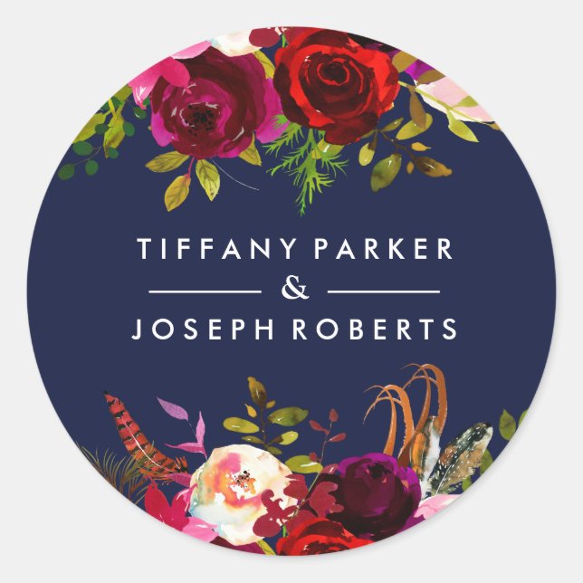 Navy Blue Burgundy Garden Floral Spring Wedding Classic Round Sticker (Front)