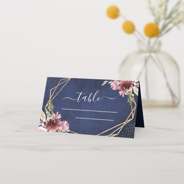 Navy Blue Burgundy Geometric Floral Place Card (Front)