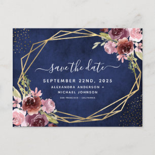 Navy Blue Burgundy Geometric Floral Save the Date Announcement Postcard