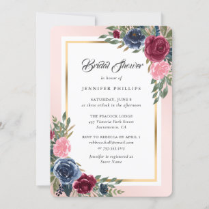 Navy Blue Burgundy Gold Blush Floral Bridal Shower Invitation
