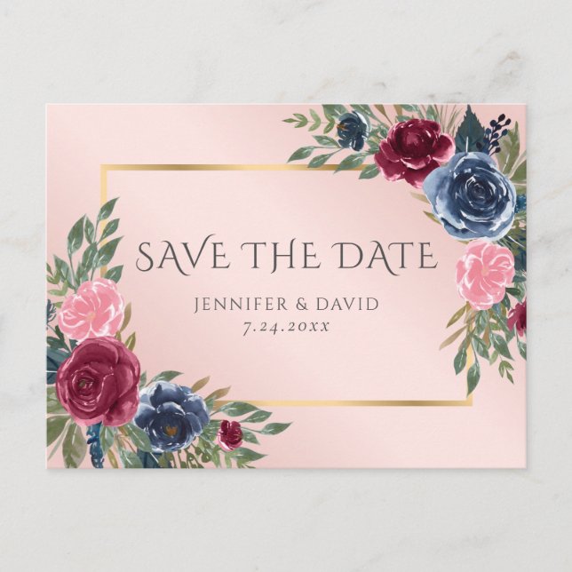 Navy Blue Burgundy Gold Blush Floral Save The Date Announcement Postcard (Front)