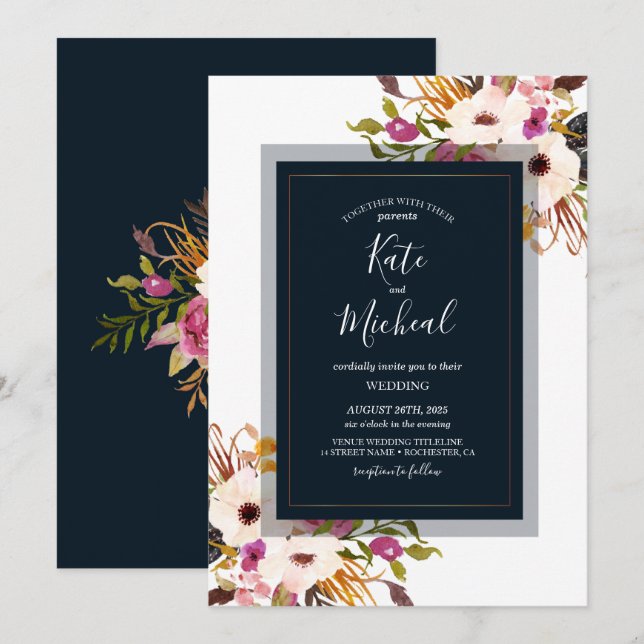 Navy Blue Burgundy Gold Blush Pink Country Wedding Invitation (Front/Back)