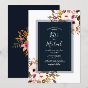 Navy Blue Burgundy Gold Blush Pink Country Wedding Invitation