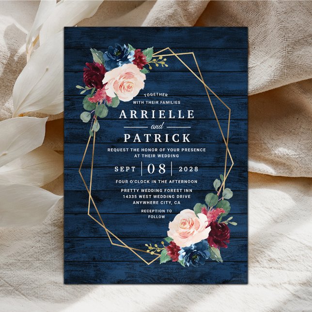 Navy Blue Burgundy Gold Blush Pink Country Wedding Invitation (Creator Uploaded)