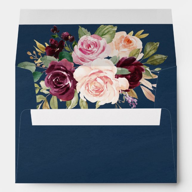 Navy Blue Burgundy Gold Blush Pink Floral Wedding Envelope (Back (Bottom))