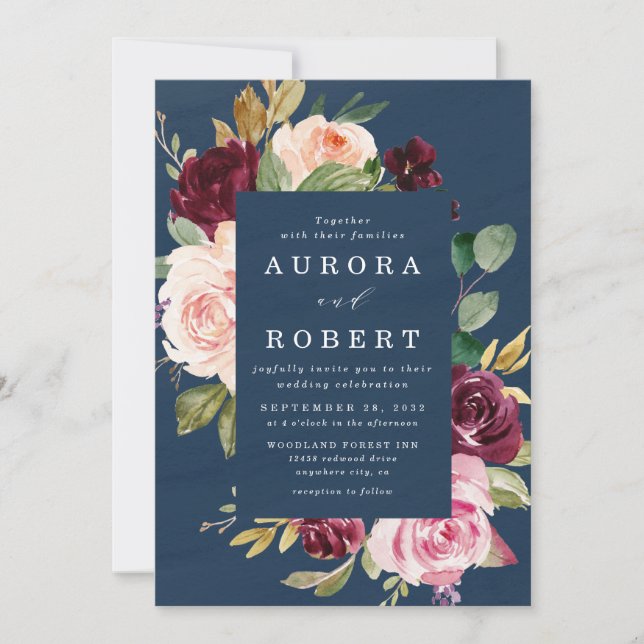 Navy Blue Burgundy Gold Blush Pink Floral Wedding Invitation (Front)