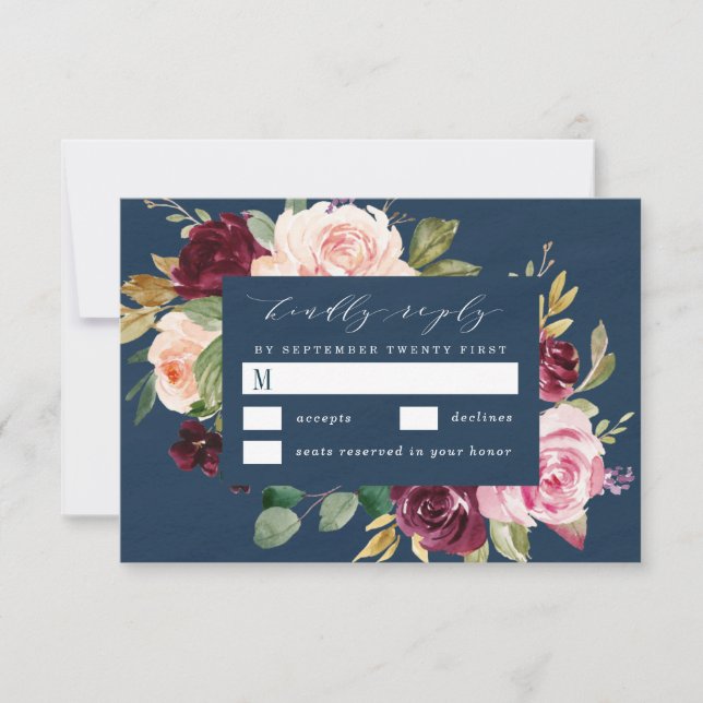 Navy Blue Burgundy Gold Blush Pink Floral Wedding RSVP Card (Front)
